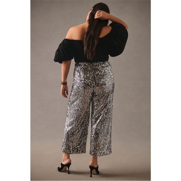 NWT Anthropologie Colette Cropped Wide-Leg Sequin Pants 16W Silver Cocktail $198 - Picture 2 of 7